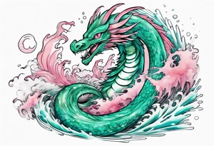 a turquoise and pink feathered sea serpent emerging from the stormy sea, with green eyes tattoo idea