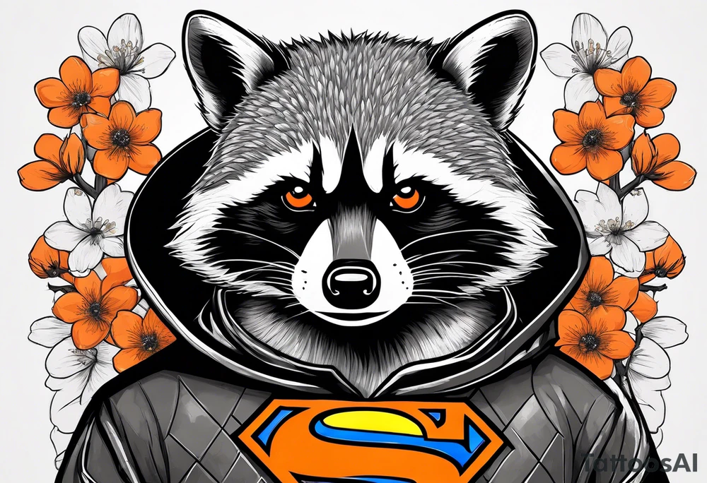 raccoon wearing a black and white Superman hoodie and orange Japanese cherry blossoms tattoo idea