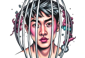 Handsome Asian young guy in cage with fears tattoo idea