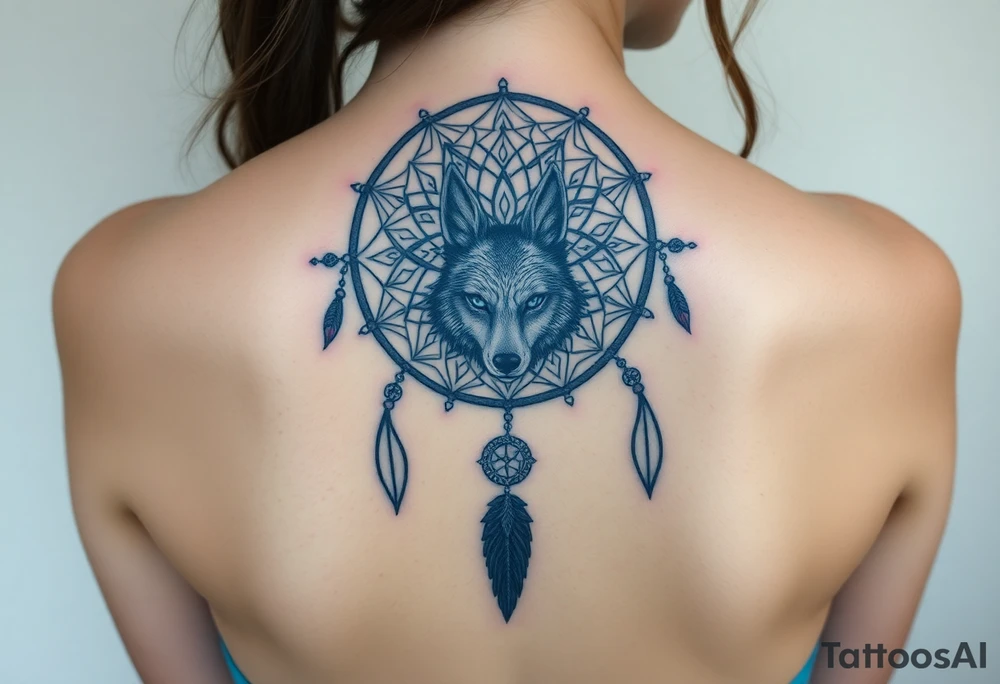 Dreamcatcher with zodiac symbols and protection runes caught in it with wolf teal tattoo idea