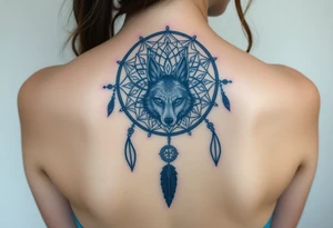 Dreamcatcher with zodiac symbols and protection runes caught in it with wolf teal tattoo idea
