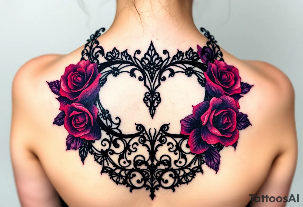 A gothic-style black lace mask, adorned with dark red roses and deep purple shading tattoo idea
