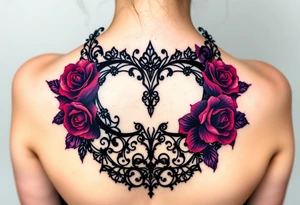A gothic-style black lace mask, adorned with dark red roses and deep purple shading tattoo idea