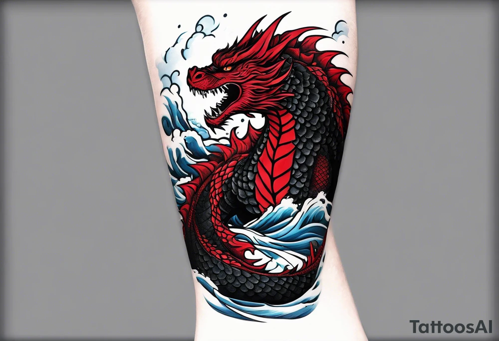 godzilla inspired dragon irezumi arm sleeve in black and red with water and lightning tattoo idea