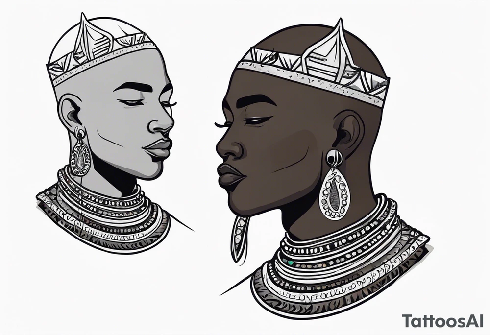 Black-skinned bald african warrior. He wears a simple and small silver crown. He uses a necklace of cowry shells tattoo idea