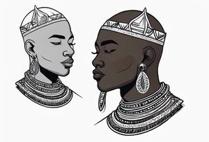 Black-skinned bald african warrior. He wears a simple and small silver crown. He uses a necklace of cowry shells tattoo idea