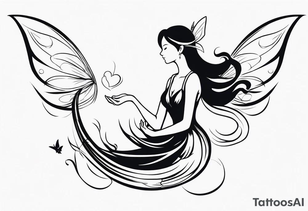 Minimalistic, monochromatic fairy with a tail flying to the left in a fetal position, leaning and looking in the same direction, with visible hands, embodying the 'Fairy Tail' logo aesthetic. tattoo idea