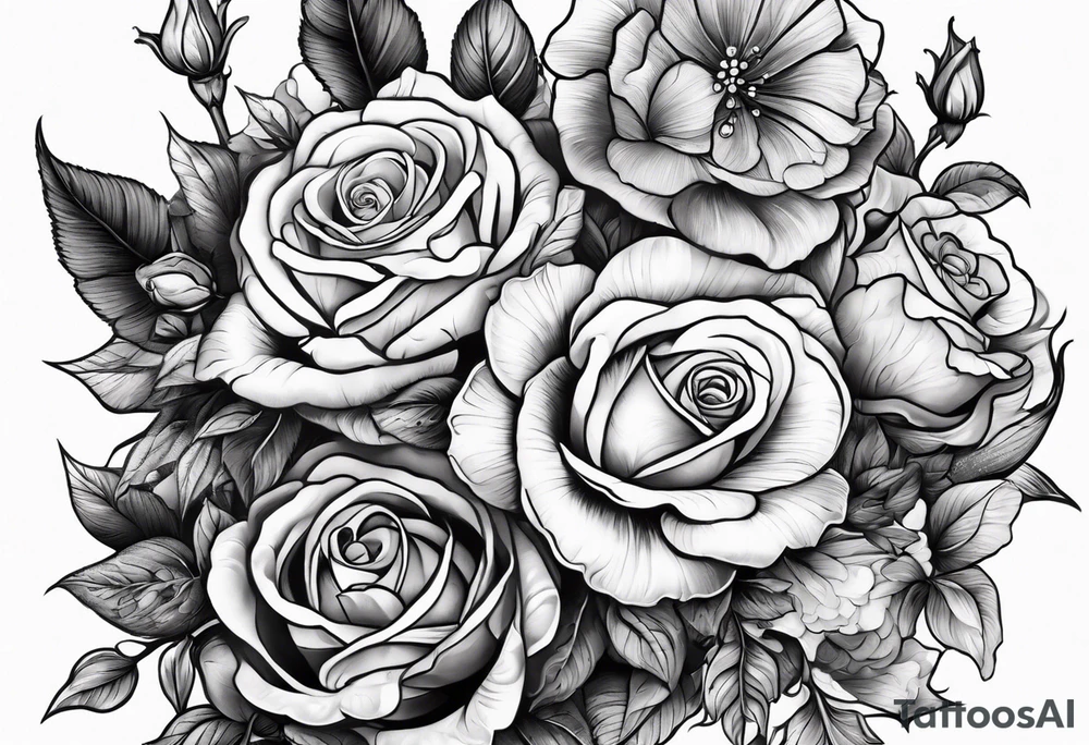 Tattoo thigh peice with Roses and flowers With nursing and hunting and cows and bulls and fishing and love and church. tattoo idea
