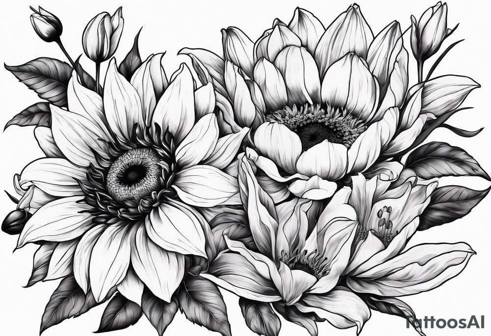 Floral design One each of sunflower, lily, peony, cherry blossom and tulip tattoo idea