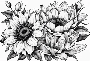 Floral design One each of sunflower, lily, peony, cherry blossom and tulip tattoo idea