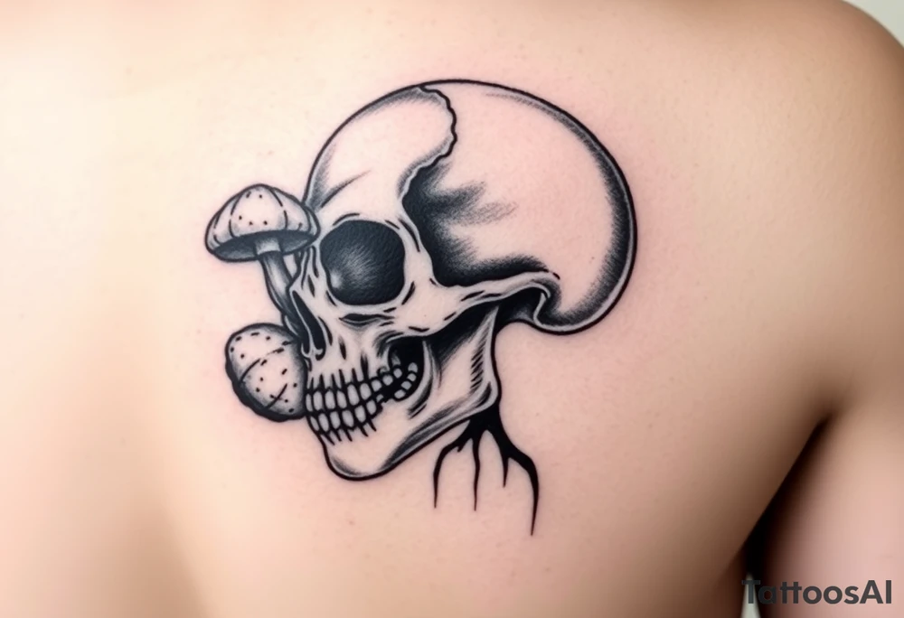right side of a skull with grown out mushroom flying out of its eyes tattoo idea