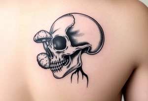 right side of a skull with grown out mushroom flying out of its eyes tattoo idea
