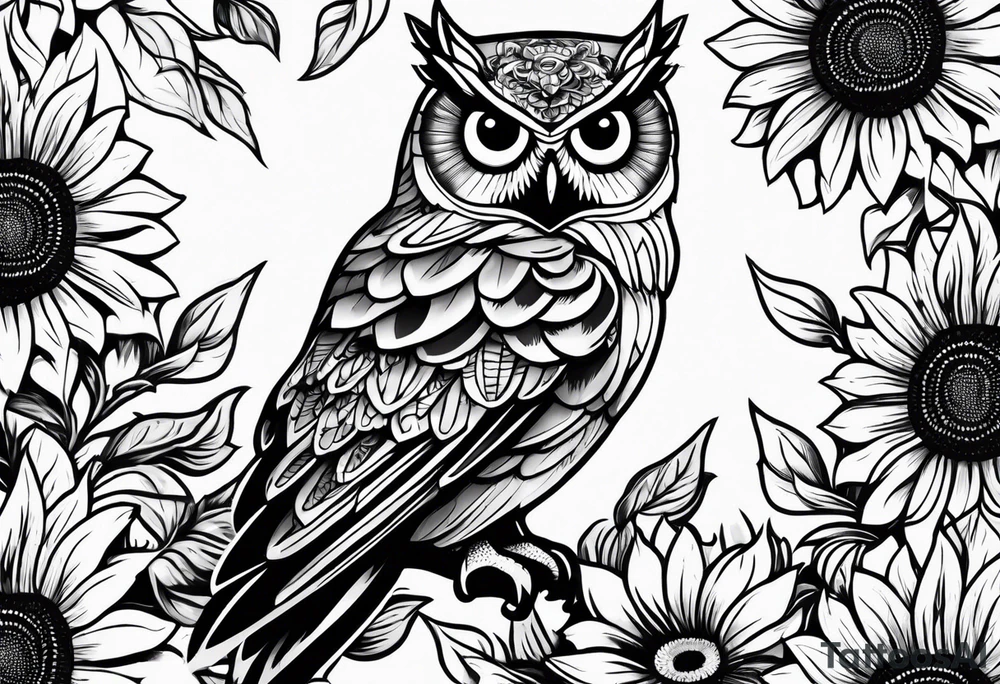 Black and white owl with sunflowers leg sleeve tattoo idea