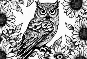 Black and white owl with sunflowers leg sleeve tattoo idea