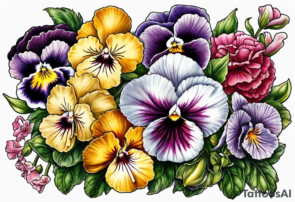 pansies, carnations, orchids, roses, water lillies 
 foxglove tattoo idea