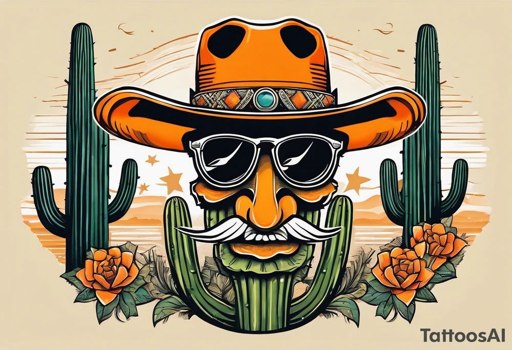 Saguaro cactus with two arms and a clever face, wearing an orange cowboy hat, wearing sunglasses, and a cigarette dangling from his mouth tattoo idea