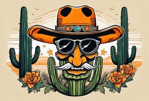 Saguaro cactus with two arms and a clever face, wearing an orange cowboy hat, wearing sunglasses, and a cigarette dangling from his mouth tattoo idea