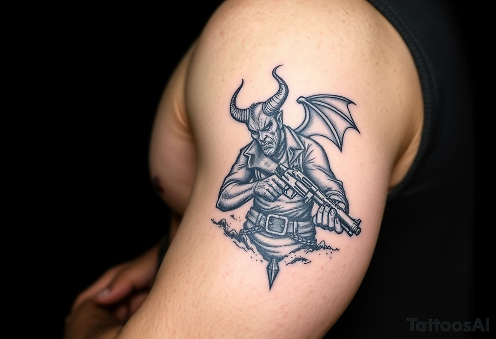 demon in cowboy-clothing,big gun,landscape. tattoo idea