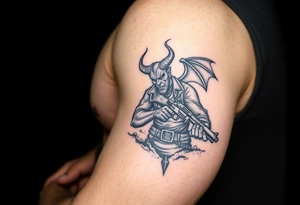 demon in cowboy-clothing,big gun,landscape. tattoo idea