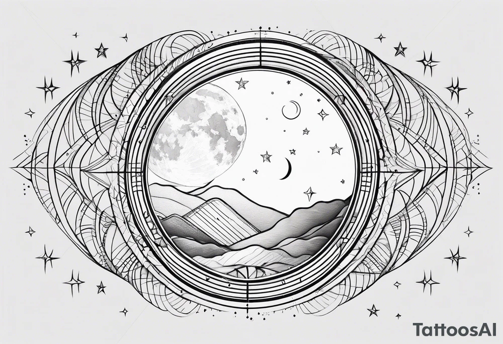 Fine line Moon phases with lines and stars vertical tattoo idea