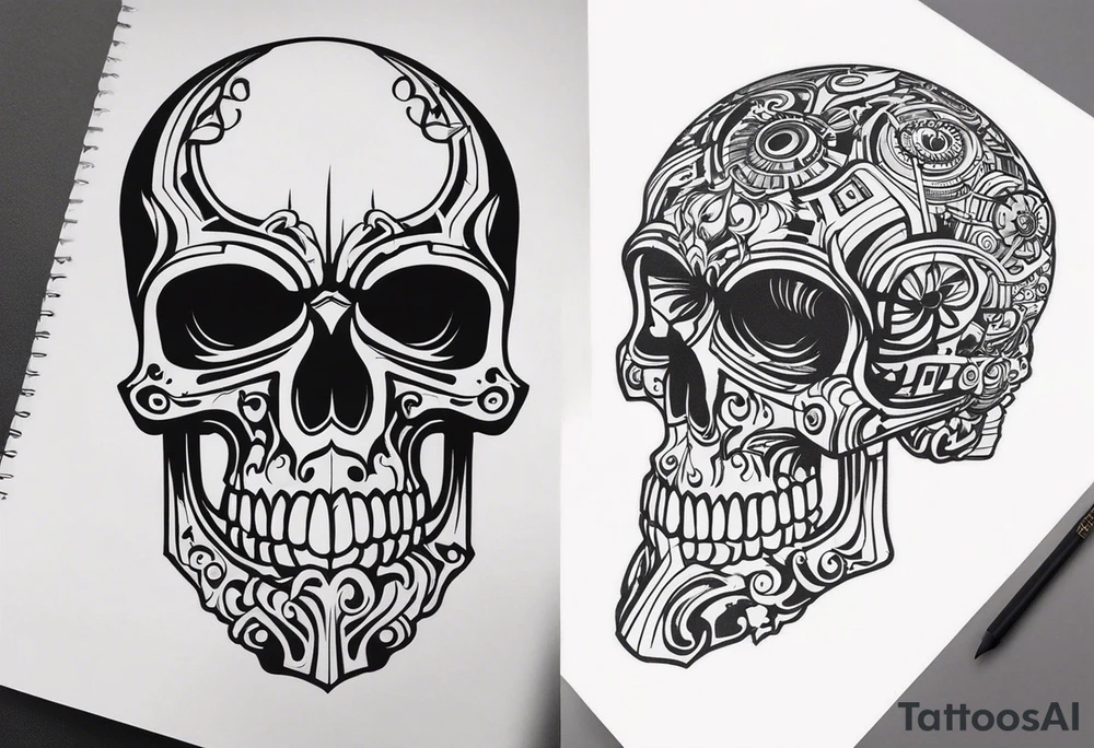 Powerful skull powered by an engine, in this appears a piston and a turbo, also the dseign must be vertical. Also, the desing must be minimalistic not saturated. Remember the vertical design as this will go in my calf tattoo idea