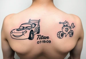Lighting McQueen, Dusty Crophopper, Turbo with the name Titan and birthday date 07/19/09 tattoo idea