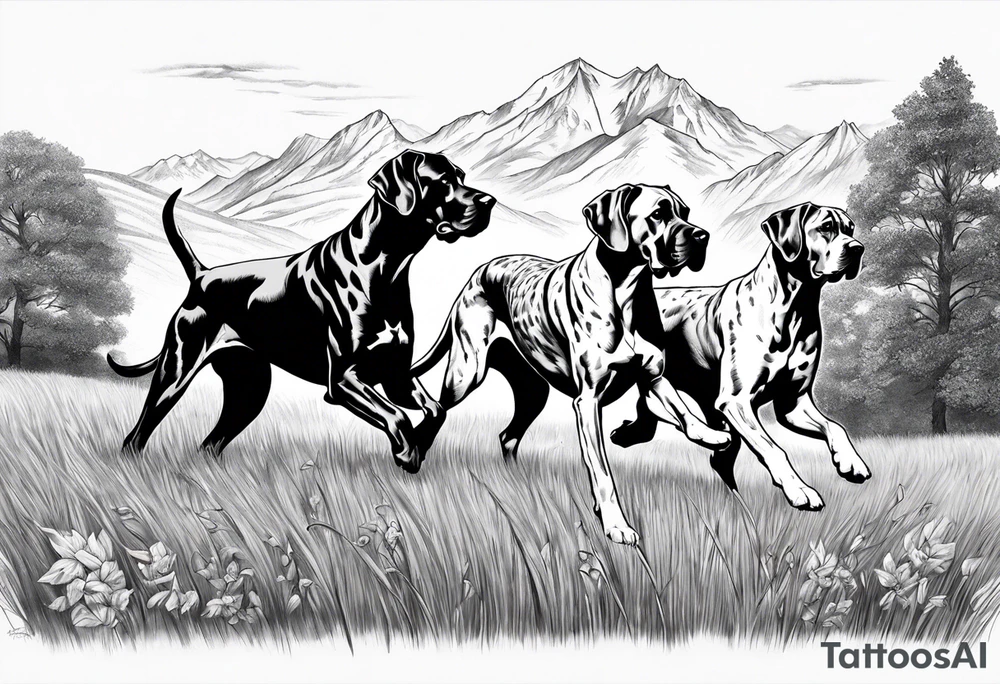 full arm sleeve. Rolling fields and Tennessee mountains with (4) Four Great Dane dogs running together in the field tattoo idea