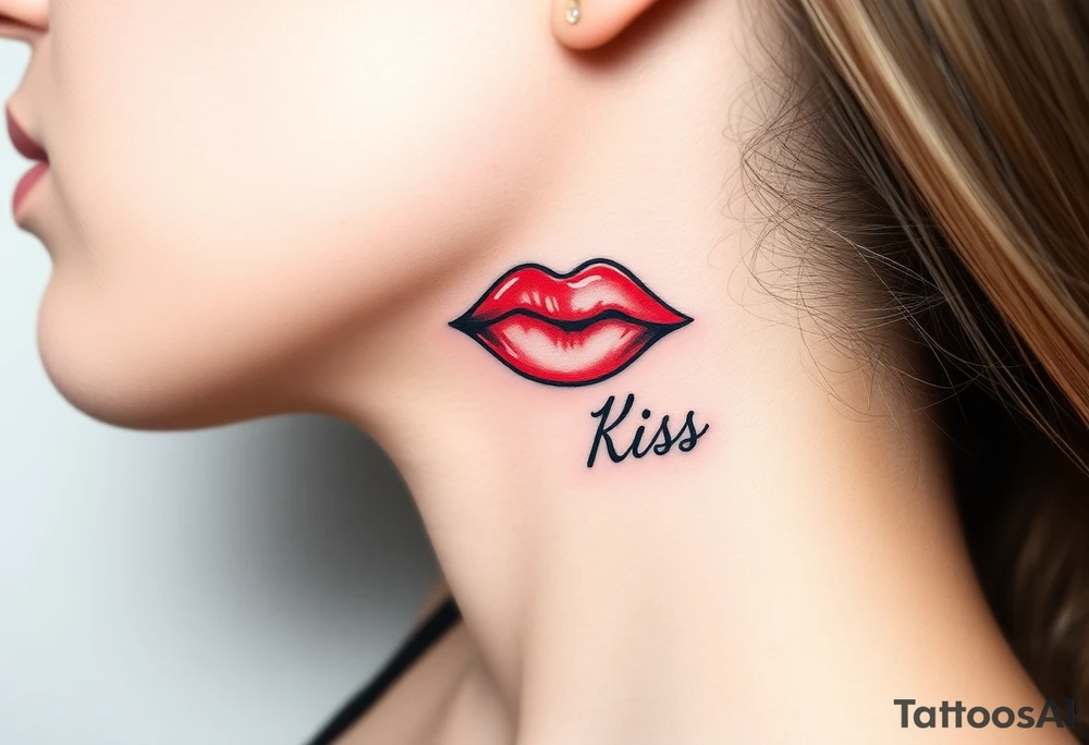 Neck tattoo of lips on the right side, puckered or slightly parted, with the word "Kiss" in a cursive or sleek font below or beside it. Style can be realistic or minimalist, with red or black ink for a bold, elegant look. tattoo idea