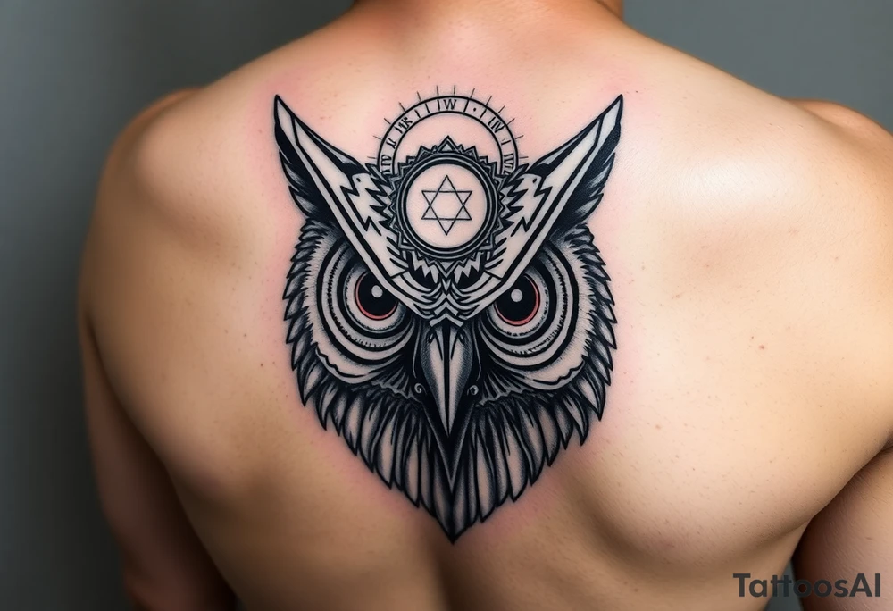 Owl head with large intense tripping on acid colored eyes with cyberpunk style  and geometry and glowing circle on the forhead tattoo idea