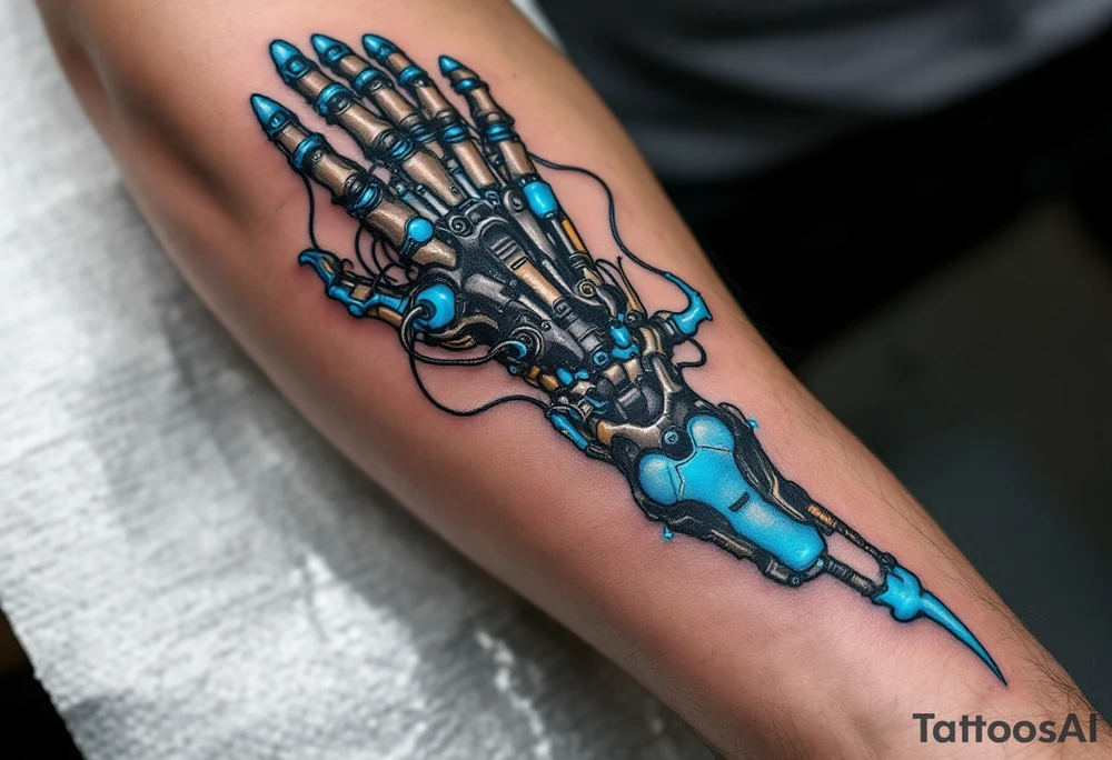 A mechanical forearm revealing graphite-colored artificial tendons under realistic shaded skin, accented with electric-blue joints. tattoo idea