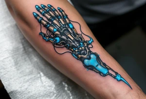 A mechanical forearm revealing graphite-colored artificial tendons under realistic shaded skin, accented with electric-blue joints. tattoo idea