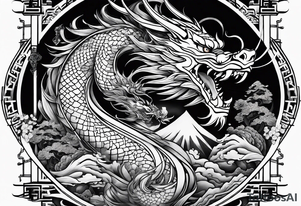 Dragón and samurai in zen circule, tori gate tattoo idea
