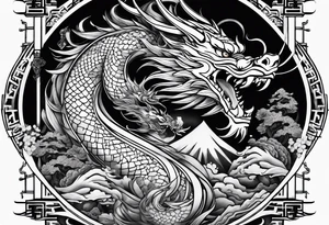 Dragón and samurai in zen circule, tori gate tattoo idea