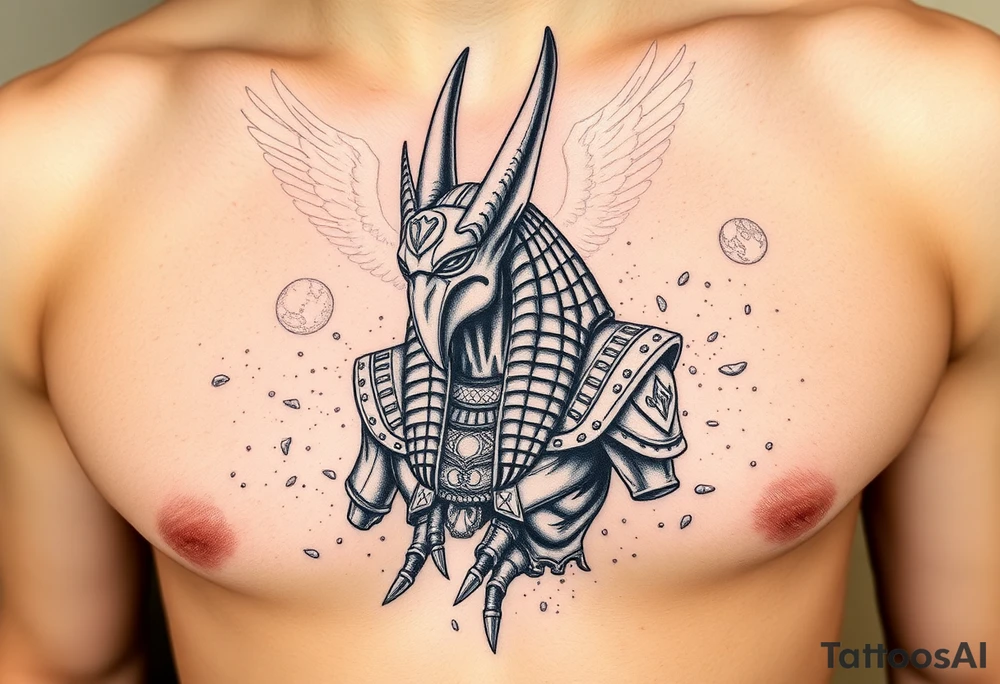 Anubis con armadura rota
Dios chacal Anubis mirando al frente, con armadura egipcia fragmentada y partes del cuerpo convertidas en arena.

Fondo con pirámides en ruinas o el río Nilo seco. tattoo idea