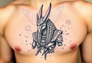 Anubis con armadura rota
Dios chacal Anubis mirando al frente, con armadura egipcia fragmentada y partes del cuerpo convertidas en arena.

Fondo con pirámides en ruinas o el río Nilo seco. tattoo idea