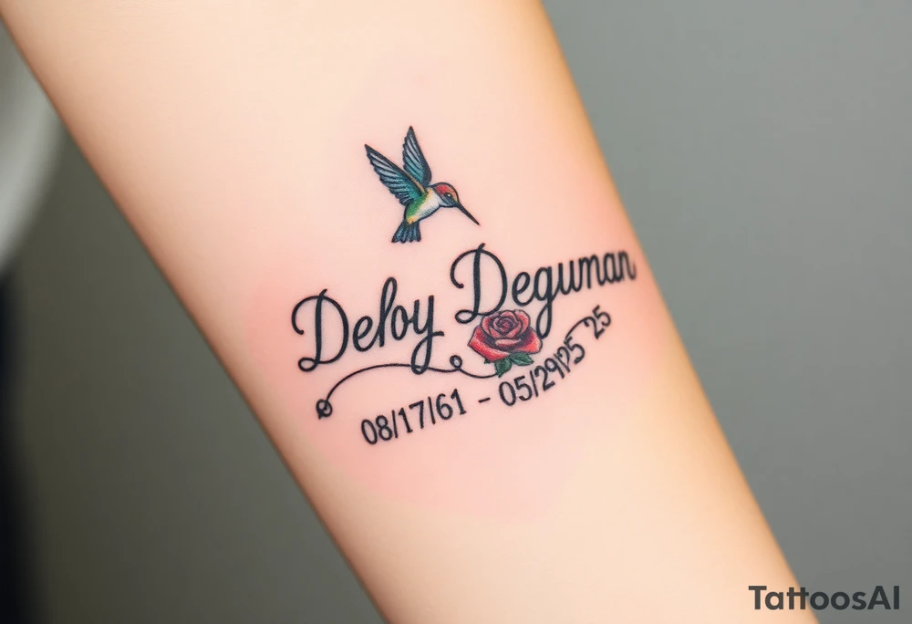Cursive name Debby Deguzman surrounded by a hummingbird a rose and these dates 08/17/61 - 05/29/25 tattoo idea