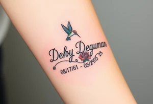 Cursive name Debby Deguzman surrounded by a hummingbird a rose and these dates 08/17/61 - 05/29/25 tattoo idea