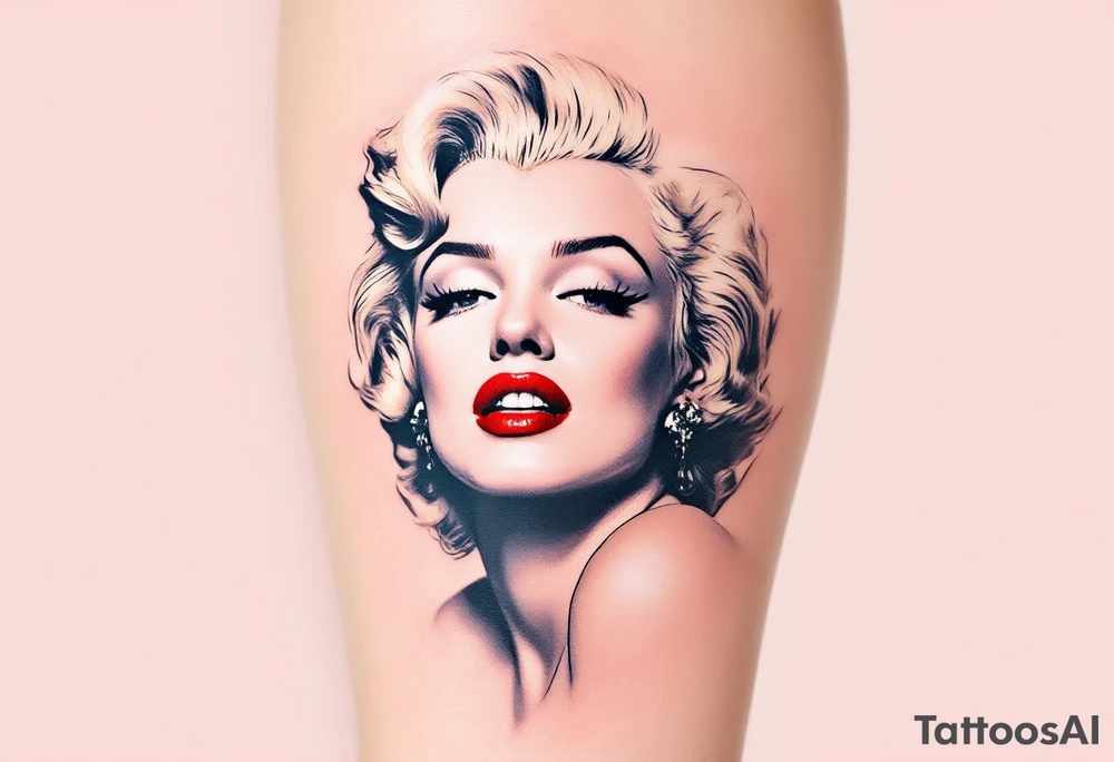 A vintage-style Marilyn in full color with platinum blonde hair, red lips, and a soft pastel background. tattoo idea