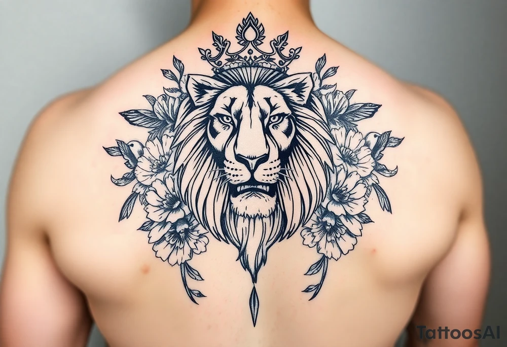powerful majestic lion with a crown, surrounded by floral ornaments and birds tattoo idea