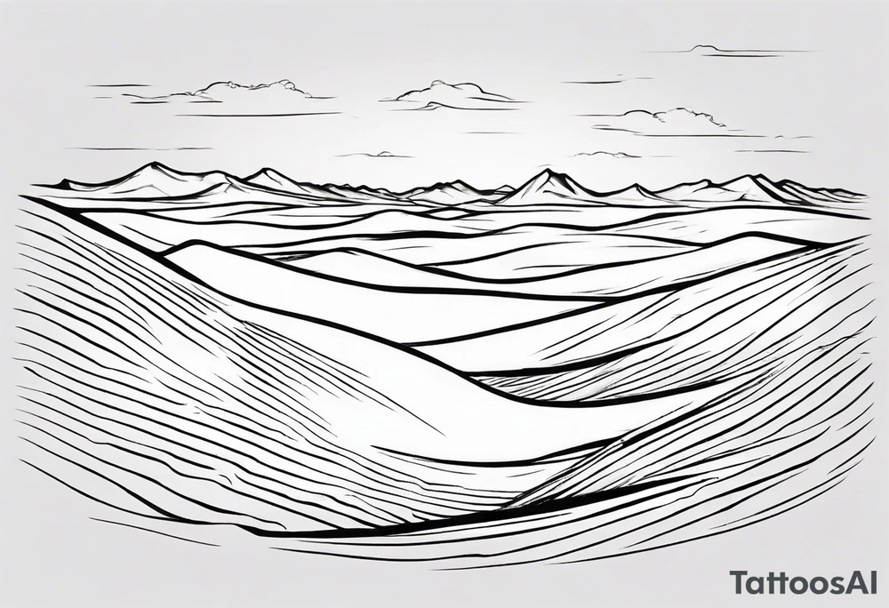 "Design a tattoo depicting a distant view of a vast desert landscape with low, undulating sand dunes. tattoo idea