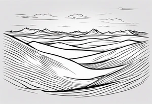 "Design a tattoo depicting a distant view of a vast desert landscape with low, undulating sand dunes. tattoo idea