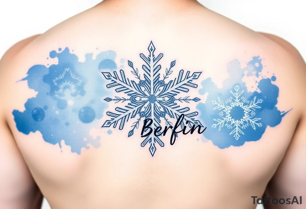A white snowflake on Blue watercolor backround and the name „Berfin“ in it tattoo idea