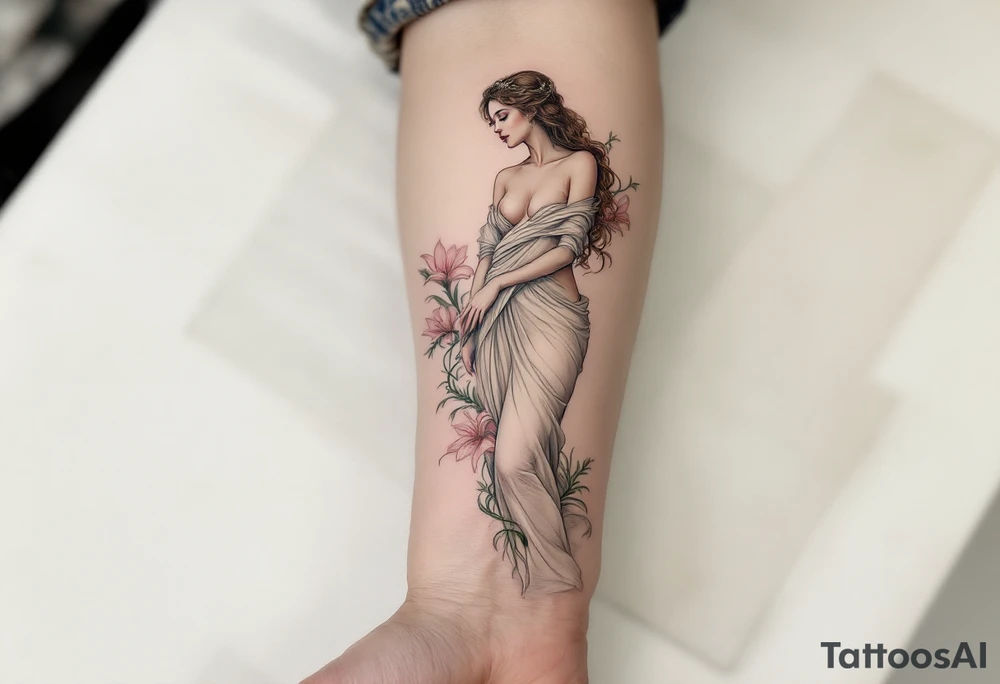 Alfons Mucha’s goddess-like figure in a draped ivory gown, surrounded by pale green vines and blooming lilies in soft pink tones. tattoo idea