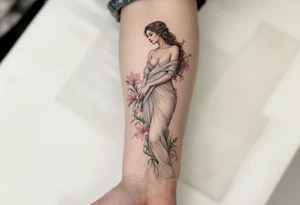 Alfons Mucha’s goddess-like figure in a draped ivory gown, surrounded by pale green vines and blooming lilies in soft pink tones. tattoo idea