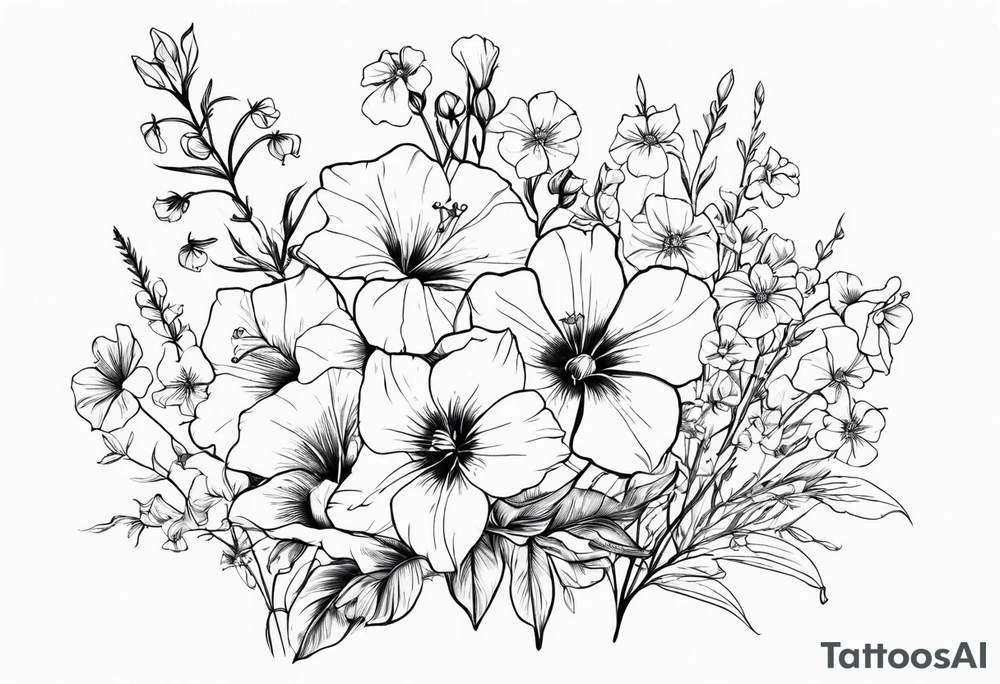 a vertical flower bouquet including sweet pea, larkspur, morning glory and cosmos tattoo idea
