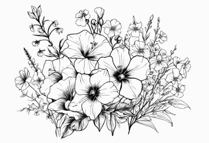a vertical flower bouquet including sweet pea, larkspur, morning glory and cosmos tattoo idea