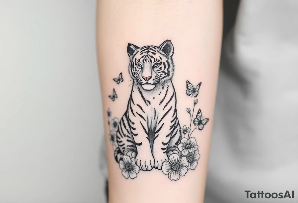 Tiger cub sitting down with flowers and butteflies tattoo idea