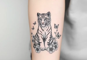 Tiger cub sitting down with flowers and butteflies tattoo idea
