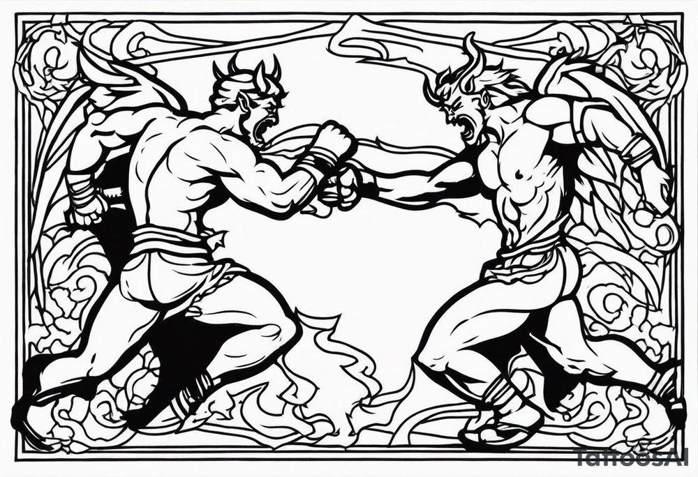 male fighting demons tattoo idea