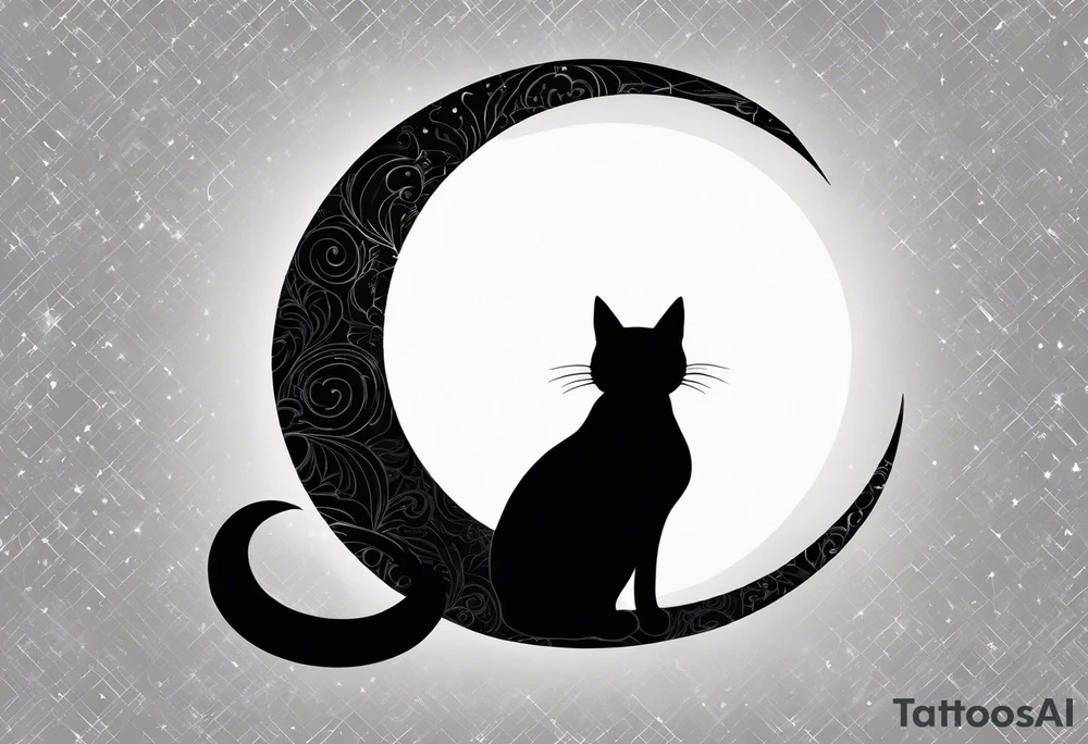 silhouette of full body black cat sitting on outline of crescent moon, simple, white background, no added details, not too busy tattoo idea